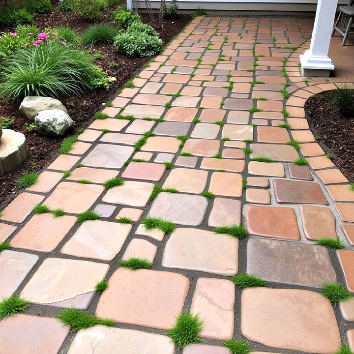 stamped cobblestone and grass infill concrete patio