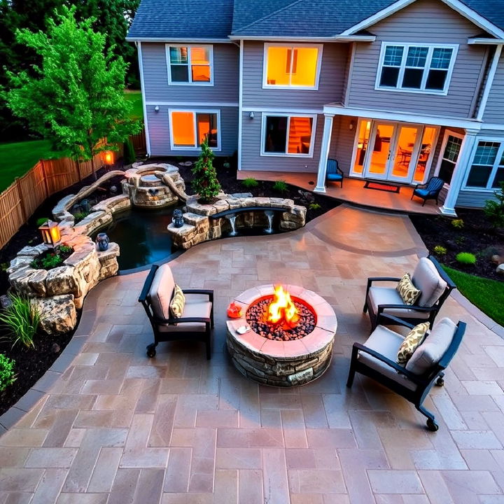 stamped concrete patio featuring fire pit and water feature