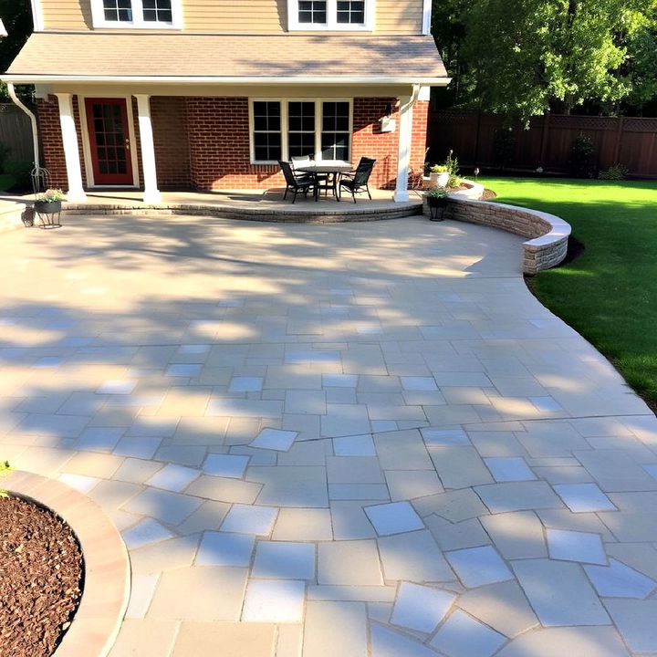 stamped concrete patio with a curved paver design