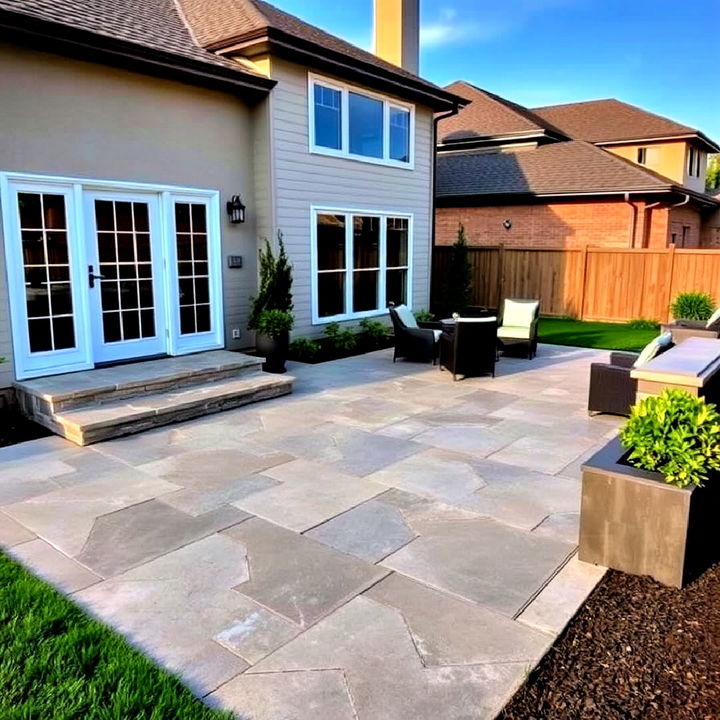 stamped concrete patio with a weathered stone finish