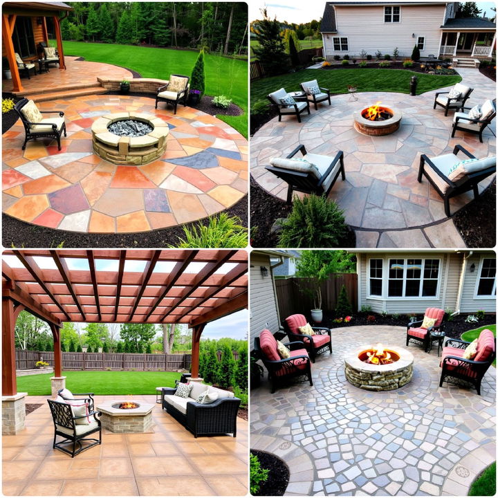 stamped concrete patio with fire pit ideas