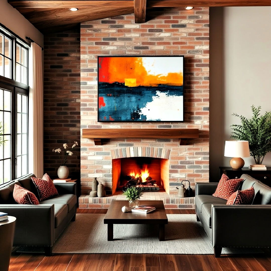 statement art and brick fireplace