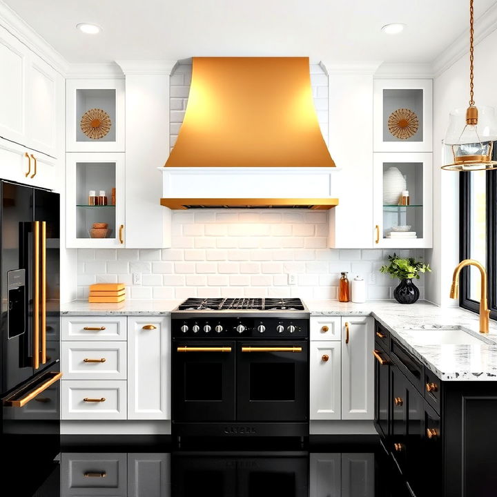 statement gold range hood in a sleek black and white kitchen