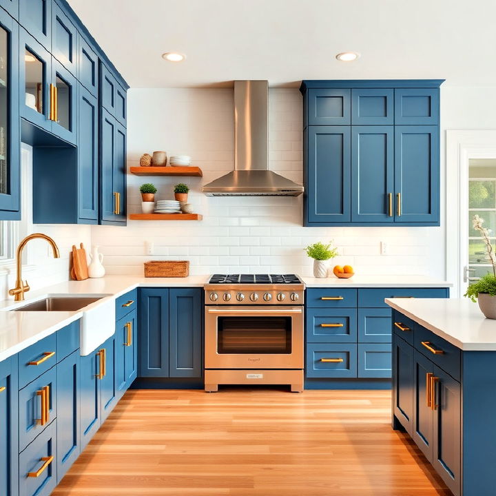 steel blue cabinets with sleek linear gold handles