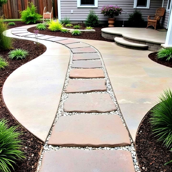 stepping stone pathway in a stamped concrete patio