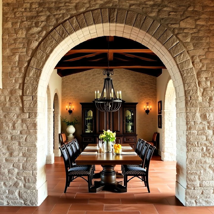 stone archway to add grandeur to a spanish style dining area