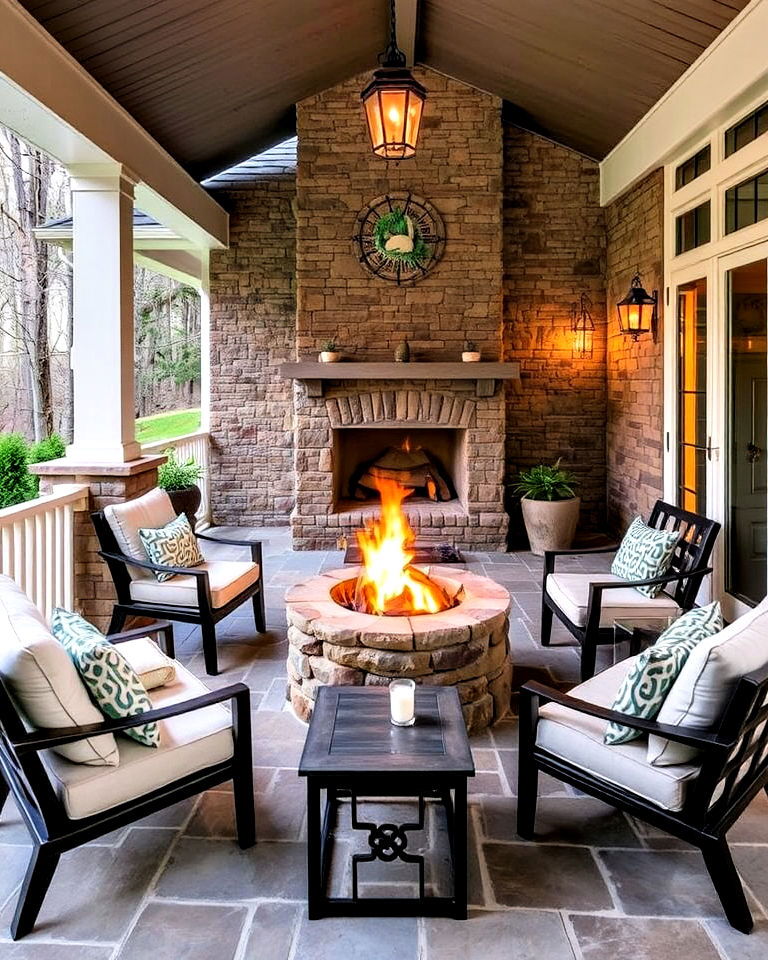 stone fire pit feature for a cozy porch