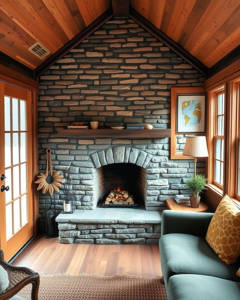 stone fireplace or wood stove idea