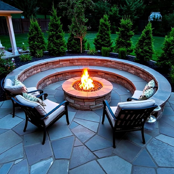 stone patio with built in fire pit seating