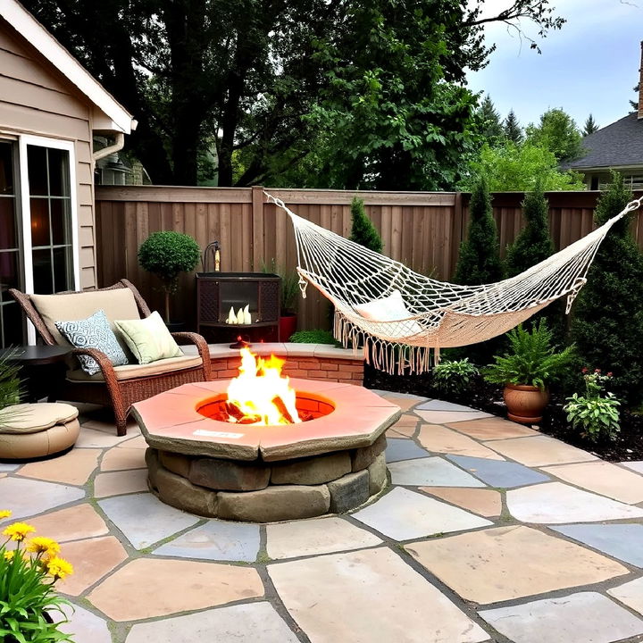 stone patio with fire pit and hammock