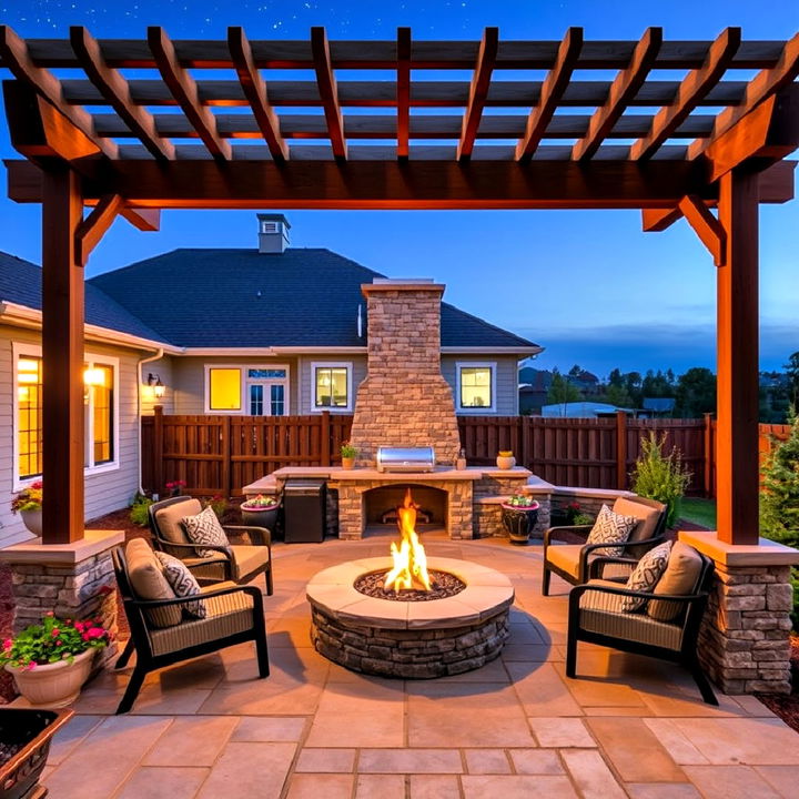 stone patio with fire pit and pergola