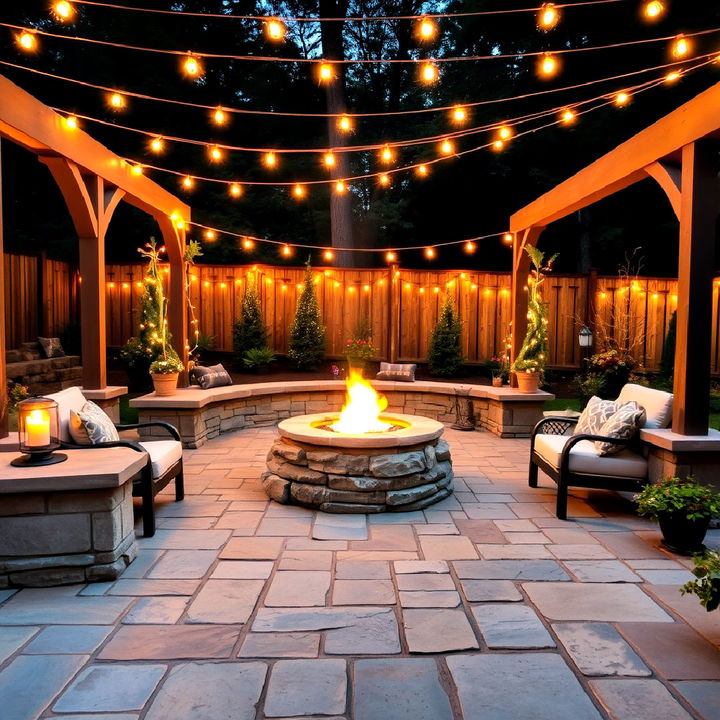 stone patio with fire pit and string lights