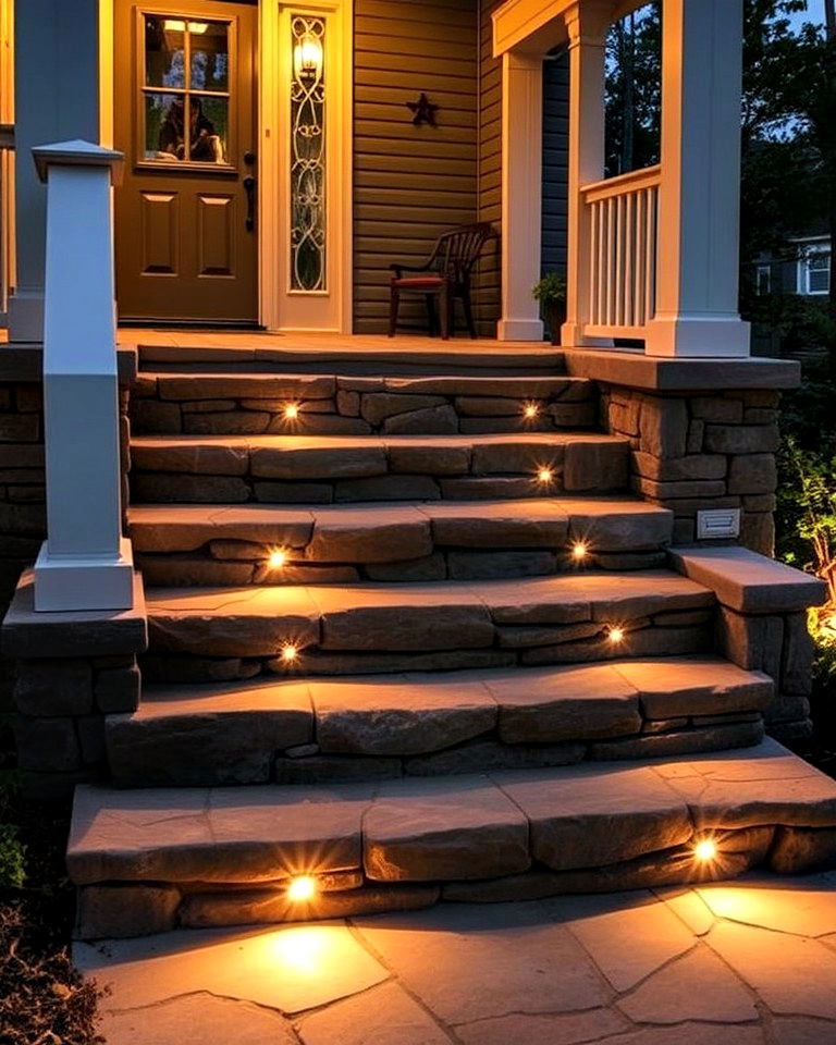 stone steps with lighting to illuminate your porch