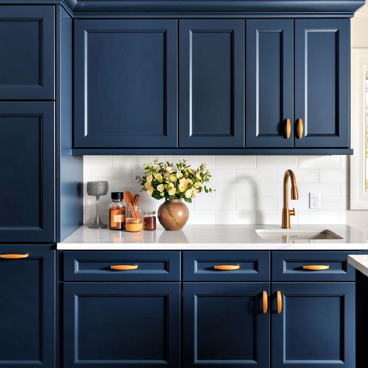 stormy blue cabinets accented by gold arched pulls