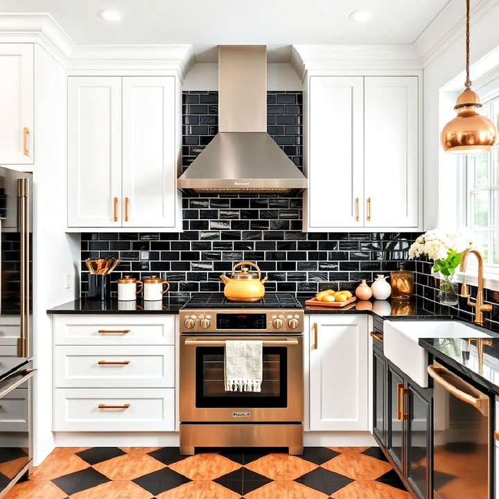 striking black and white tile backsplash enhanced with gold details