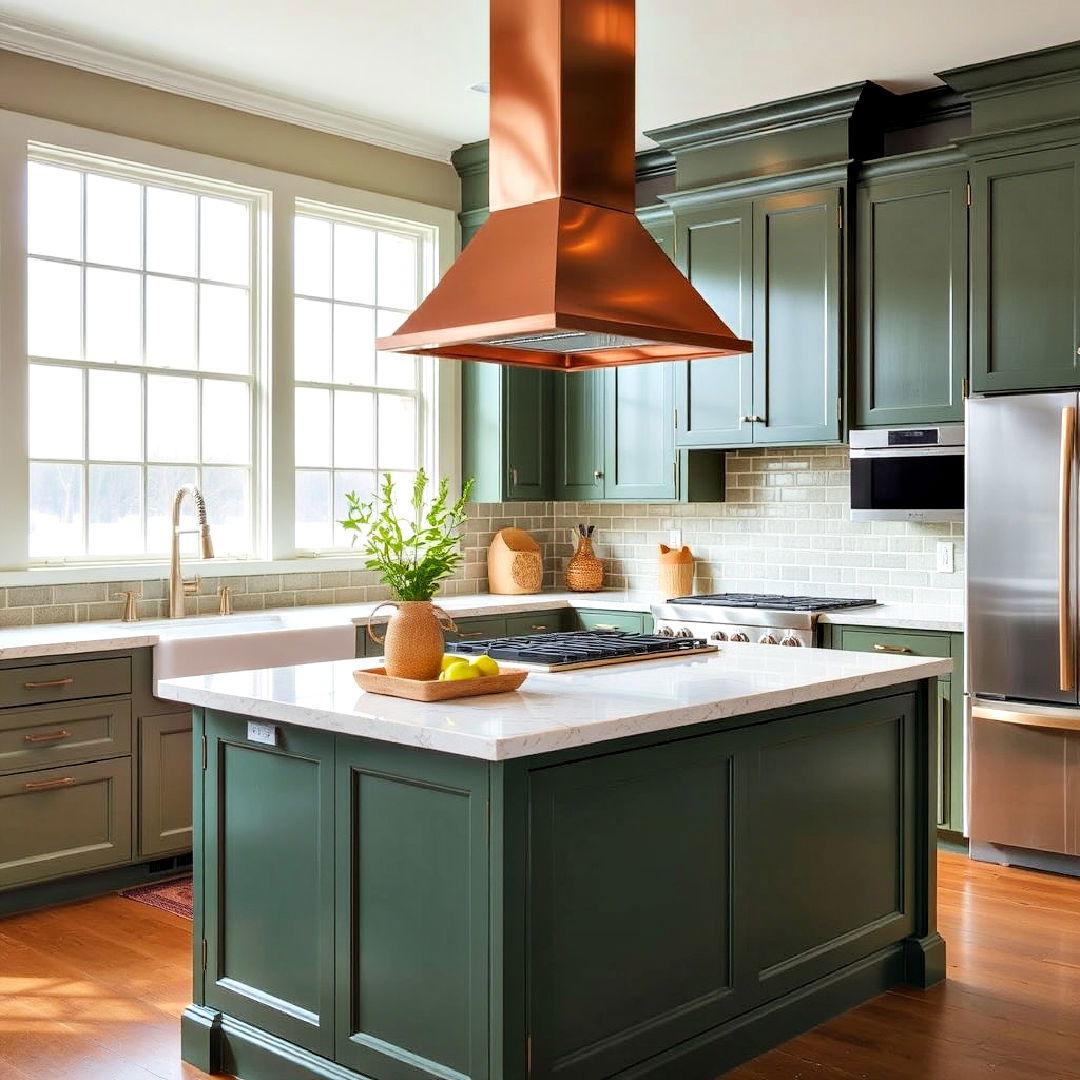 striking copper range hood over a green island