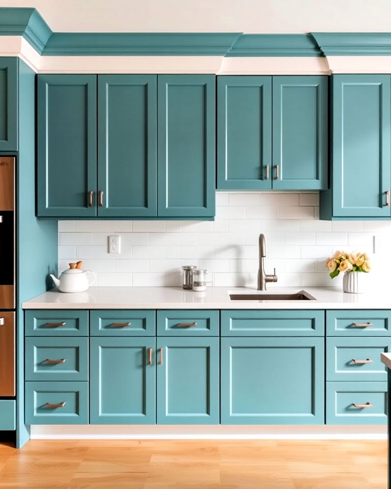 striking teal kitchen cabinets framed by white trim