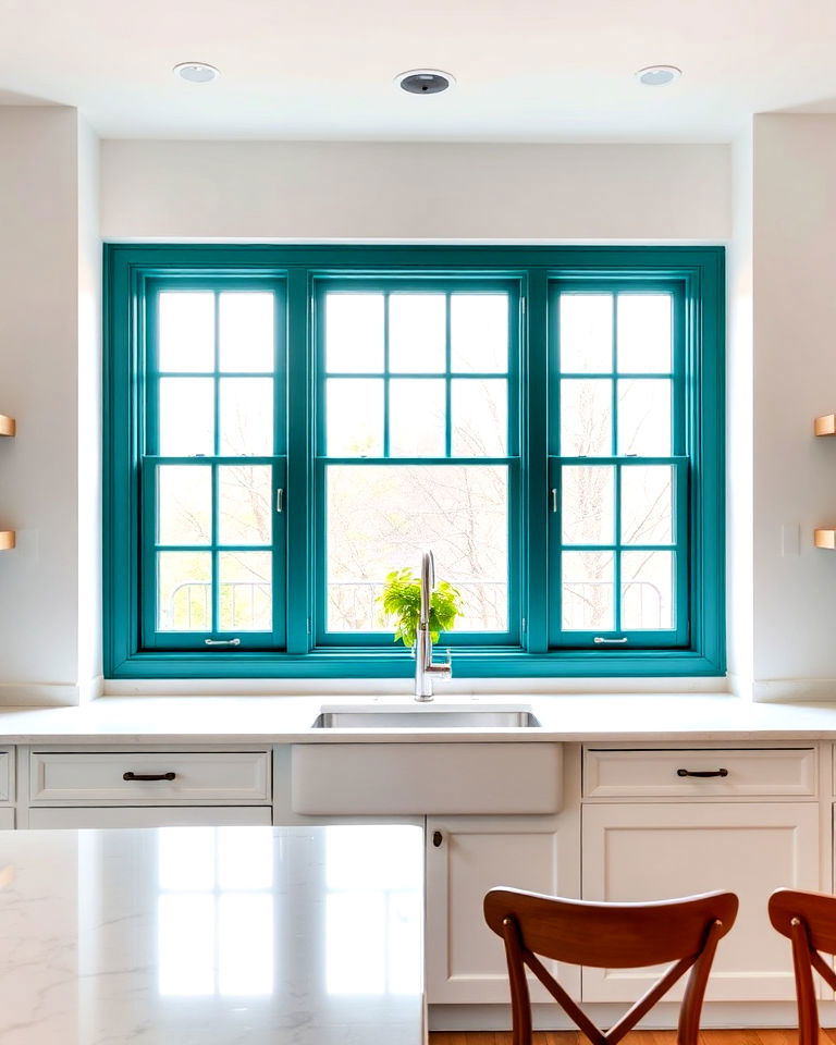 striking teal window frames and white kitchen walls