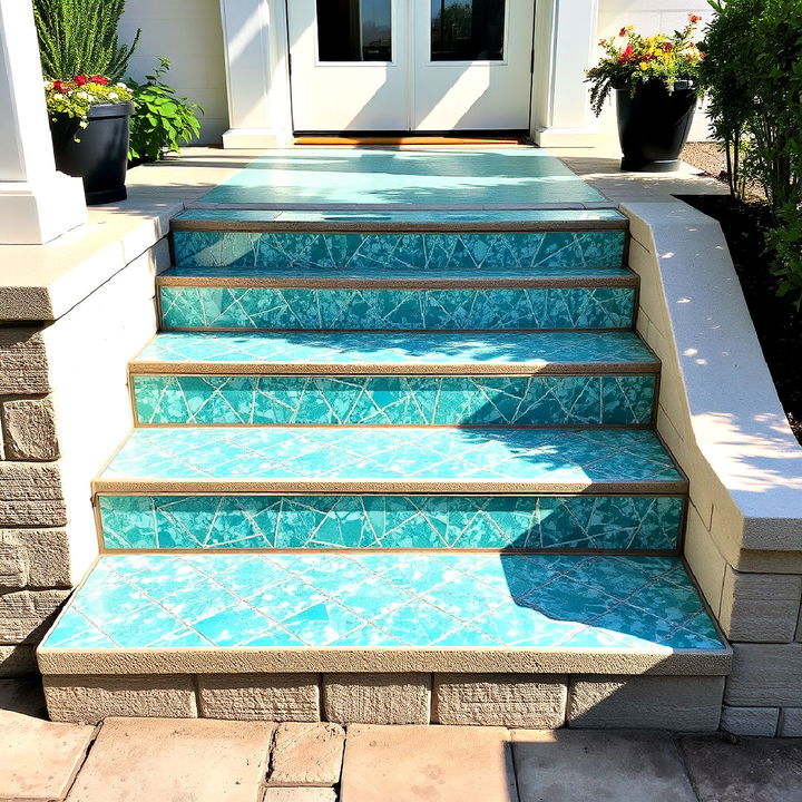 stunning and luxurious patio with glass tile steps