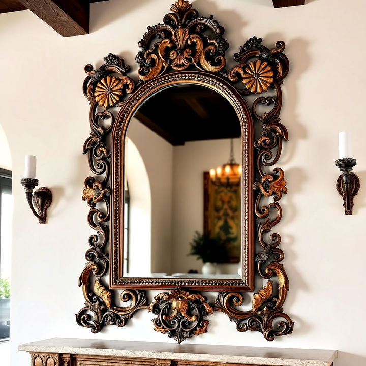 stunning ornate framed mirror above a fireplace