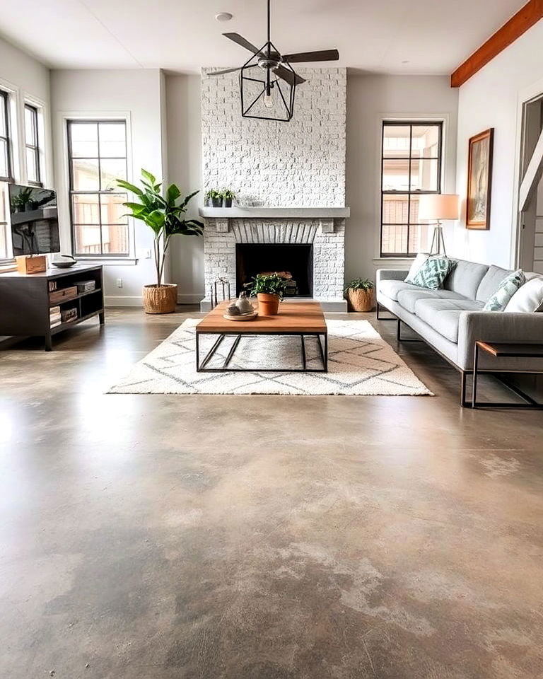 stylish acid etched concrete living room flooring