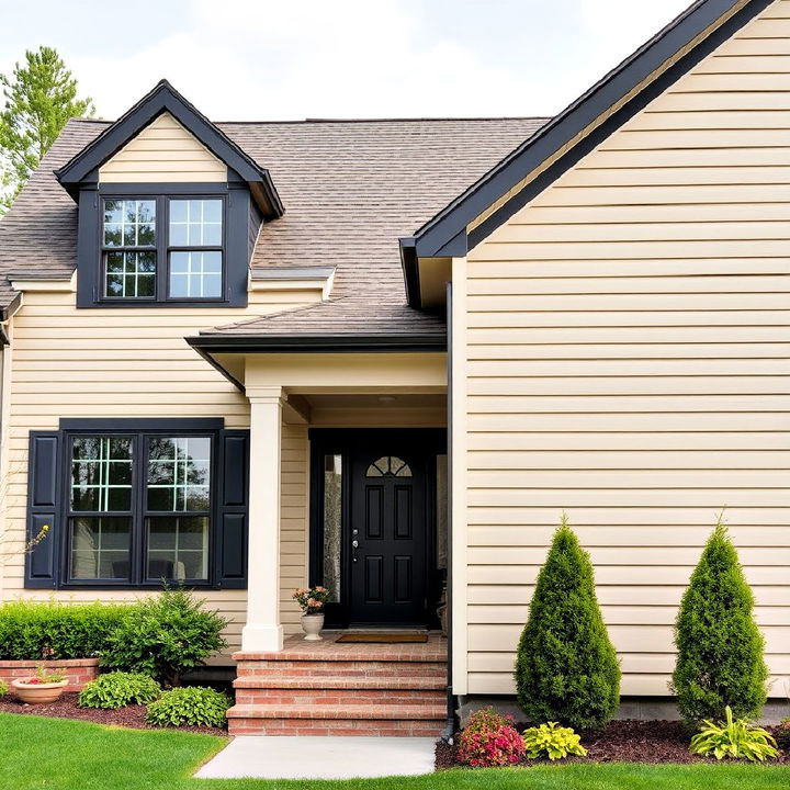 stylish beige vinyl siding with black trim