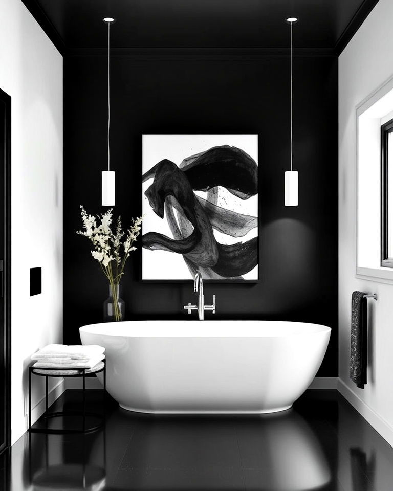 stylish bold artwork for a black floor and white wall bathroom