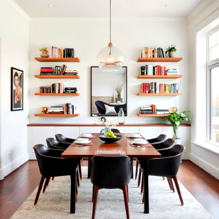 stylish floating bookshelves to enhance a dining room’s appeal