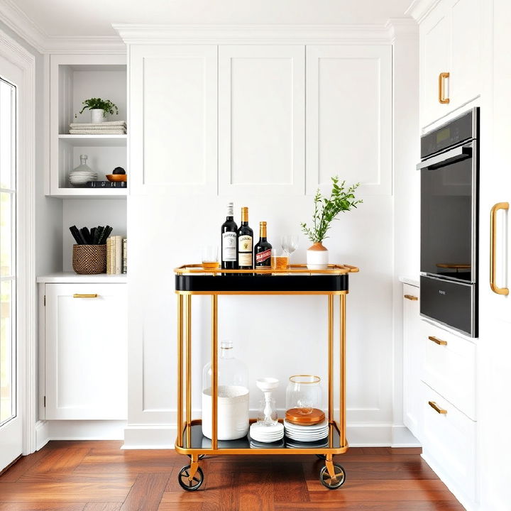 stylish gold and black bar cart in a crisp white kitchen