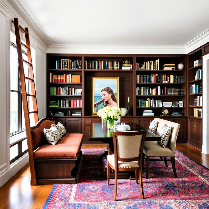 stylish library ladder with dining bench seating