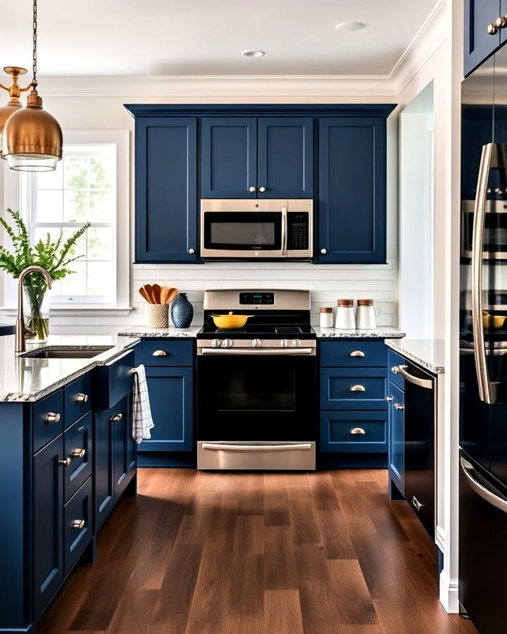 stylish navy blue cabinets with black appliances