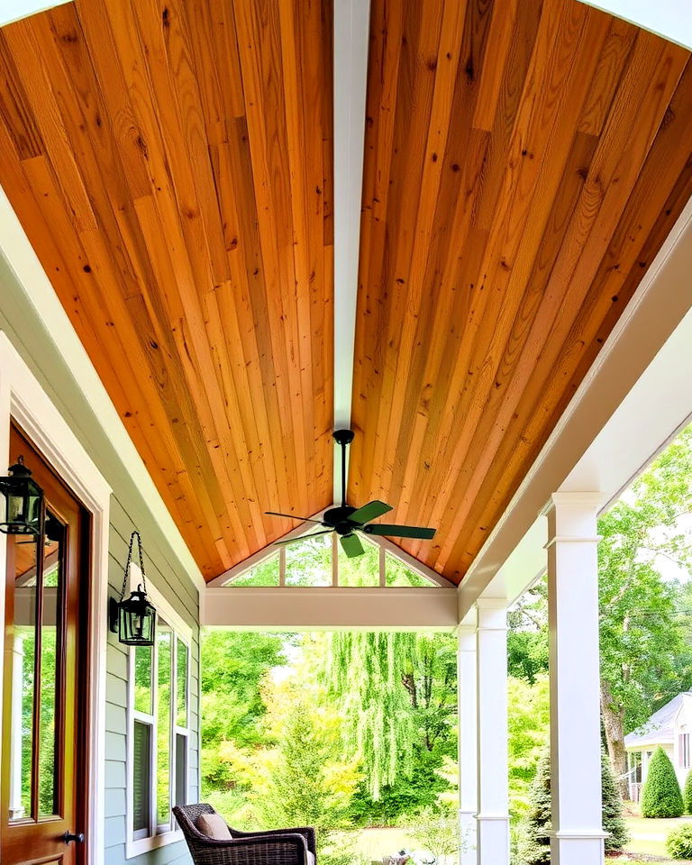 stylish shed porch roof with natural wood ceiling