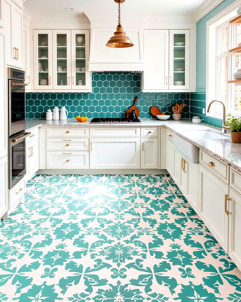 stylish teal and white patterned tiled kitchen flooring