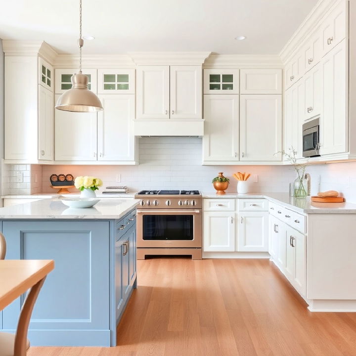 subtle white kitchen cabinets with a calming dusty blue island