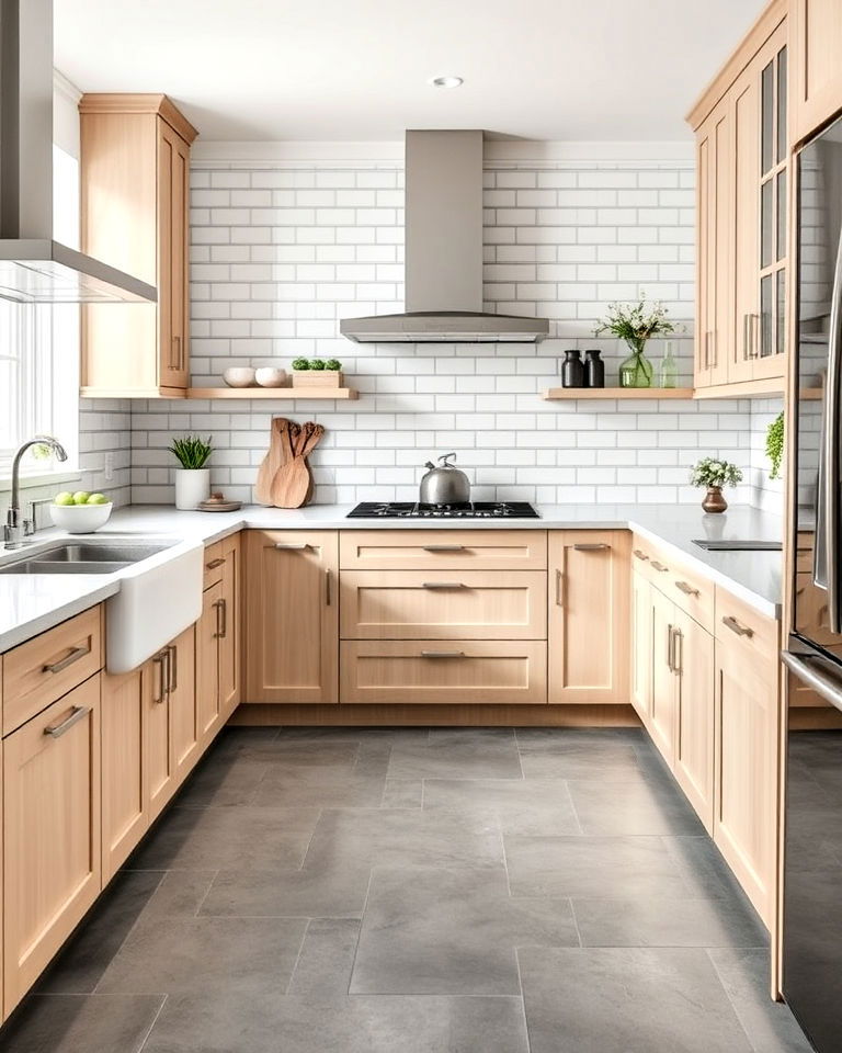 subway tile backsplash with grey floor kitchen