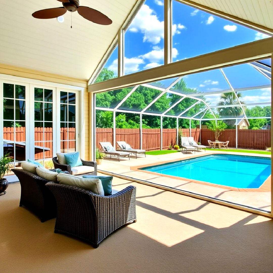 sunroom and deck combo overlooking a pool