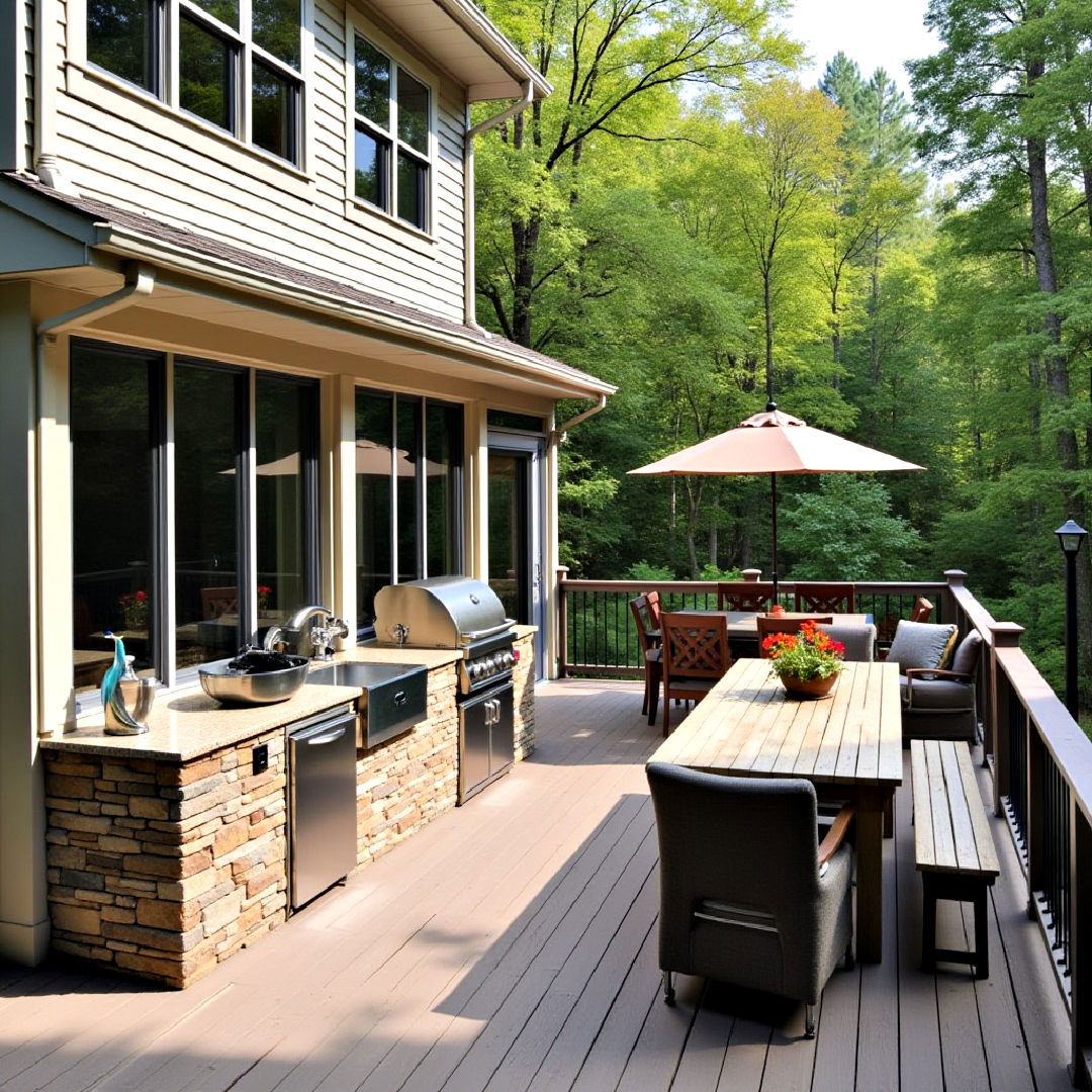 sunroom and deck combo with outdoor kitchen