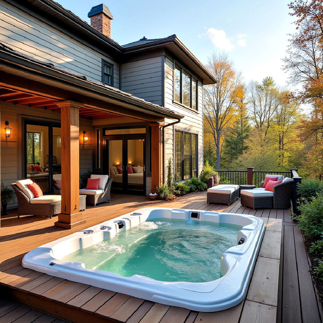 sunroom and deck with hot tub to relax