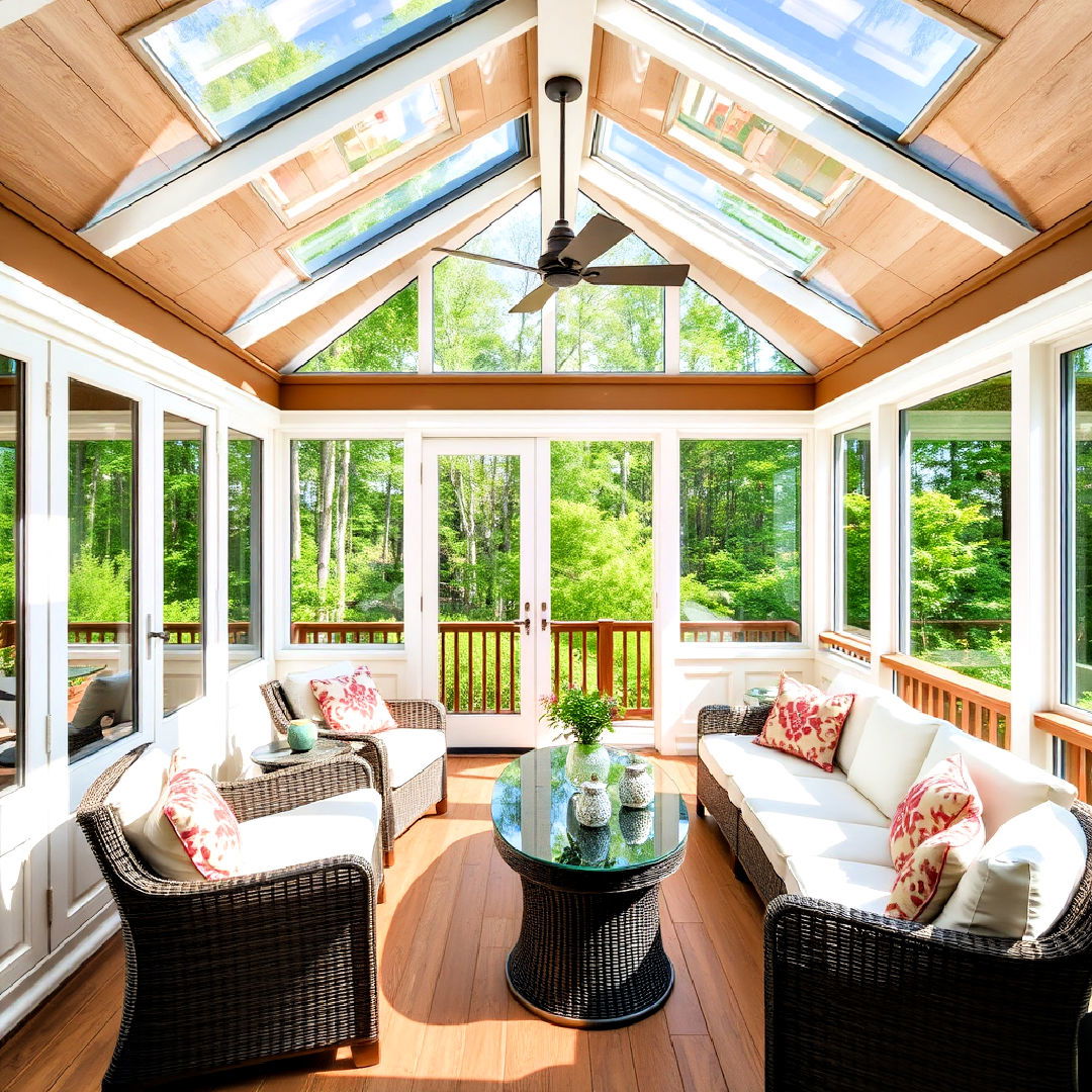 sunroom and deck with skylights for natural light