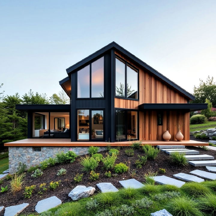 sustainable living home with sleek black windows