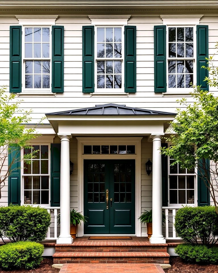 symmetrical shutters and windows for colonial front porch