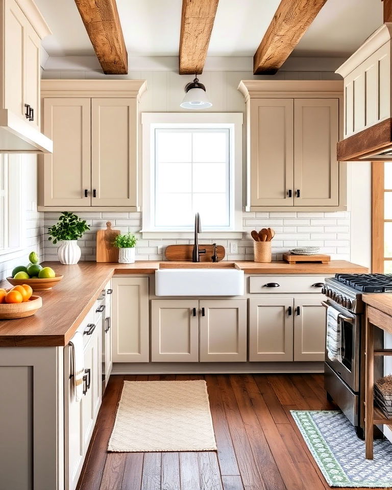 taupe cabinets in a farmhouse kitchen