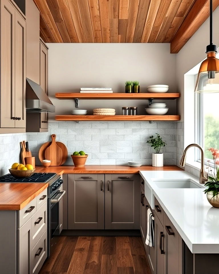 taupe cabinets kitchen with wooden accents