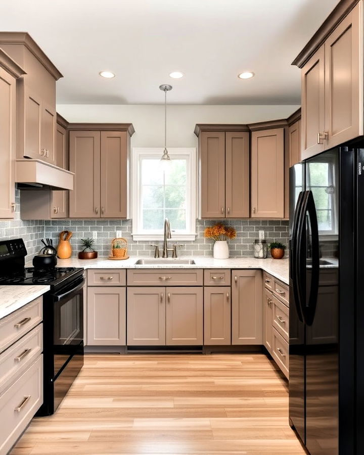 taupe cabinets neutral contrast with black appliances