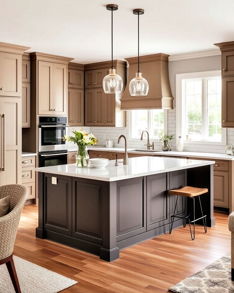 taupe cabinets with a contrasting island