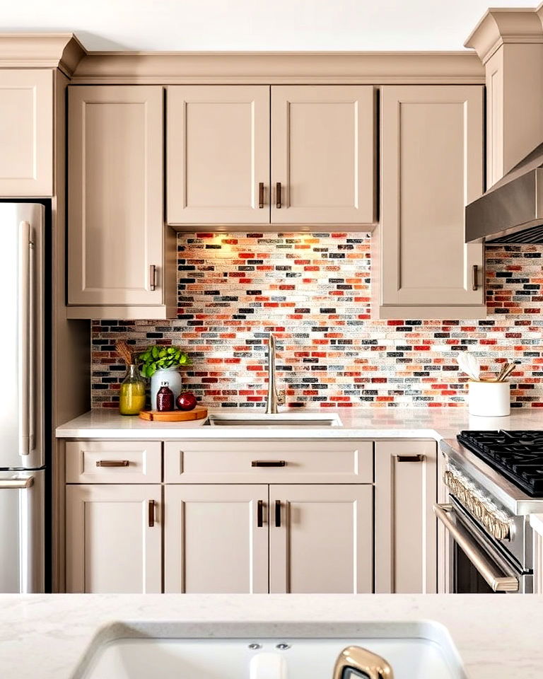 taupe cabinets with bold backsplash