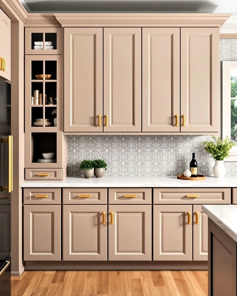 taupe cabinets with brass hardware