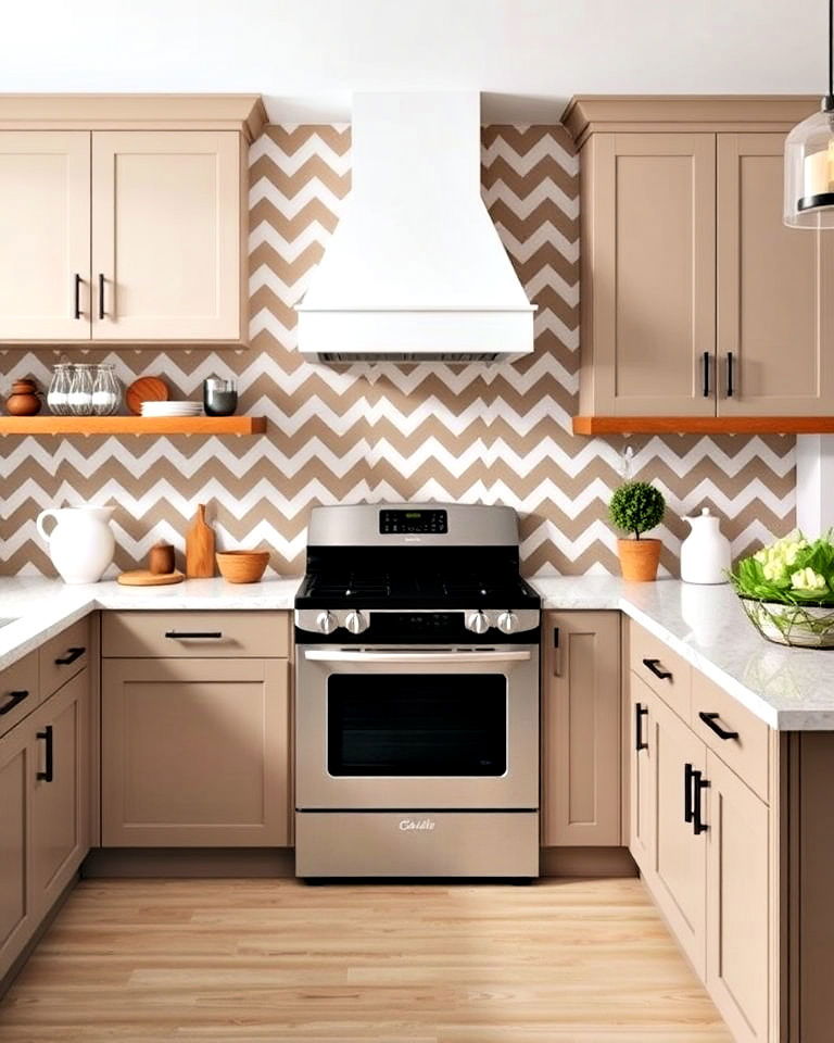 taupe cabinets with chevron backsplash