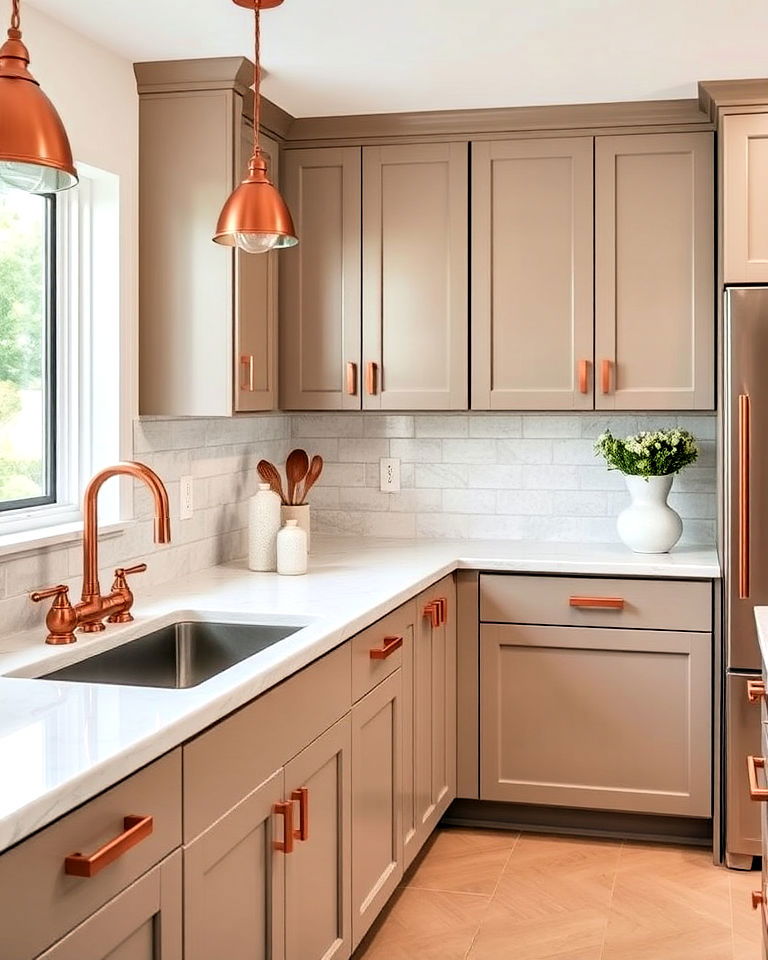 taupe cabinets with copper fixtures