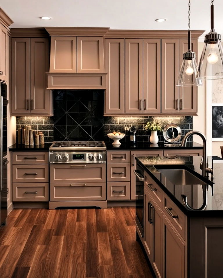 taupe cabinets with dark countertops